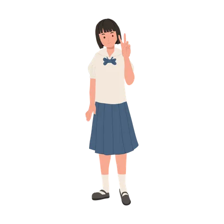 Happy Thai Student in Uniform Doing Peace hand Gesture  Illustration