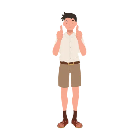 Happy Thai Student in Uniform Giving Thumbs Up both hands  Illustration