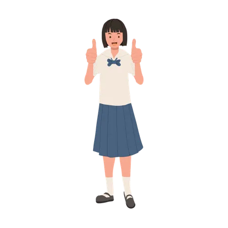 Happy Thai Student in Uniform Giving Thumbs Up both hands  Illustration