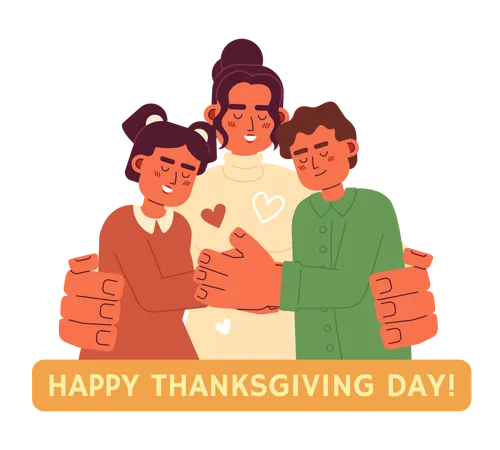 Happy Thanksgiving Day Family Cartoon Flat Illustration Latin Kids Mother 2 D Characters Isolated On White Background Together Traditional Hispanic Mom And Children Smiling Scene Vector Color Image Illustration