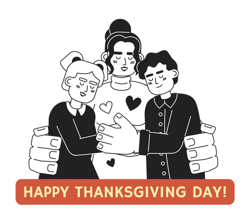 Happy Thanksgiving Day Family Black And White Cartoon Flat Illustration Latin Kids Mother Linear 2 D Characters Isolated Together Tradition Hispanic Mom And Children Monochromatic Scene Vector Image Illustration