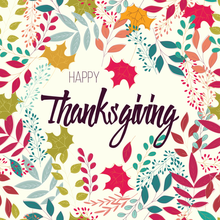 Happy Thanksgiving Day-Karte mit floralen Dekorationselementen, farbenfrohes Design  Illustration