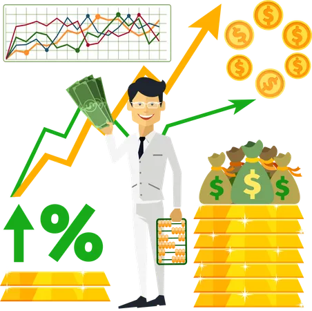 Happy Man Trader Holding Dollars In Hand And Near Him On Background Gold Bars And Graph Arrow Indicators Up Flat Design Style Illustration