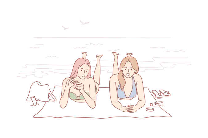 Vacation Travelling Holiday Concept Young Happy Women Girls Friends Tourists Cartoon Characters Lying On Ocean Beach Sunbathing Together Summer Rest Or Recreation On Sea Coast And Active Lifestyle Illustration