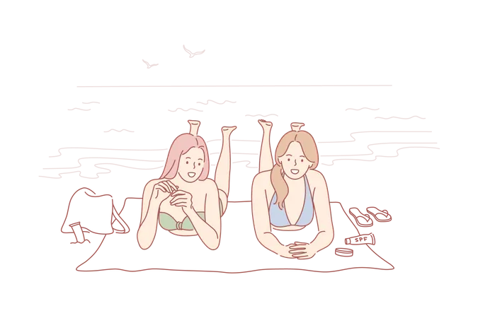 Happy two girls lying on ocean beach sunbathing together  Illustration