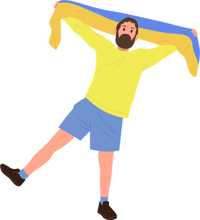 Happy Ukrainian fan dancing with pleasure holding two-colored national flag  Illustration