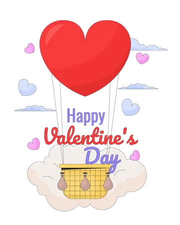 Floating Hot Air Balloon On Valentines Day Ecard Greeting Card Design Romantic Date Colorful Flat Illustration White Background 14 February 2 D Cartoon Vector Image Event Special Occasion Postcard Illustration