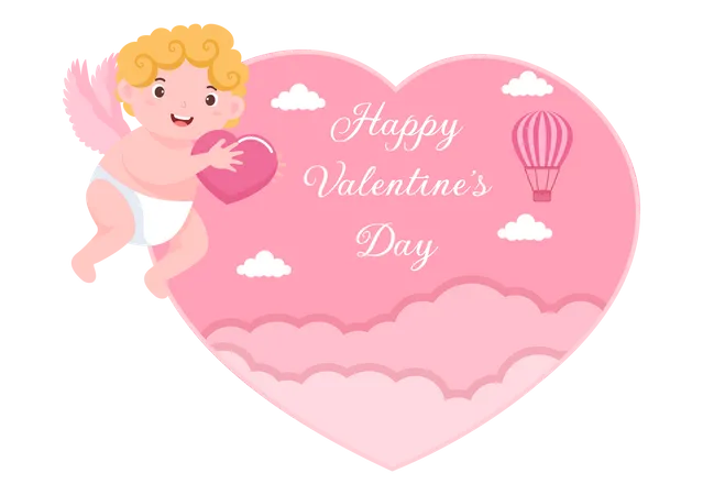 Happy Valentines Day Flat Design Illustration Which Is Commemorated On February 17 With Cute Cupid Angels On Clouds For Love Greeting Card 일러스트레이션
