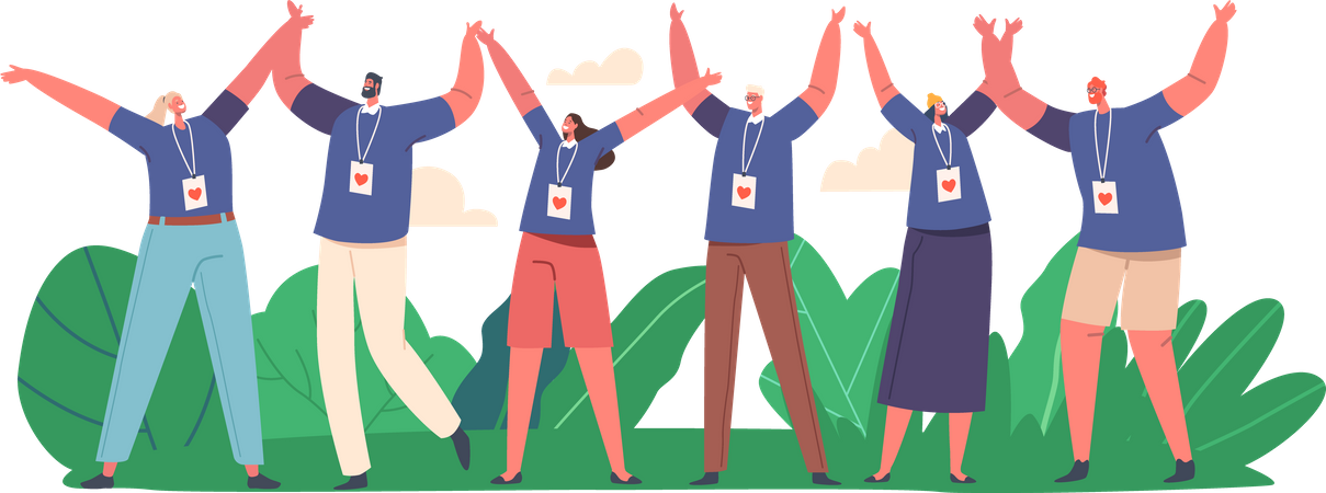 Happy Volunteers Team Stand Together with Raised Arms Illustration