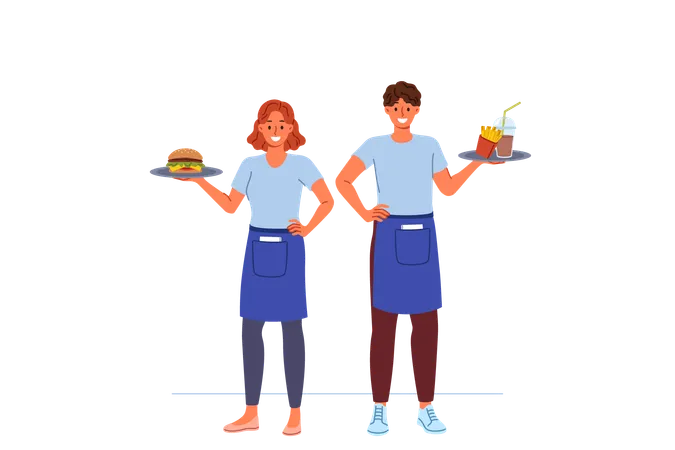 Waiters From Fast Food Restaurant Work Together To Deliver Customers Order Holding Burgers And Fries On Trays Man And Woman Working As Waiters In Cafe Enjoying Jobs In Hospitality Industry Illustration