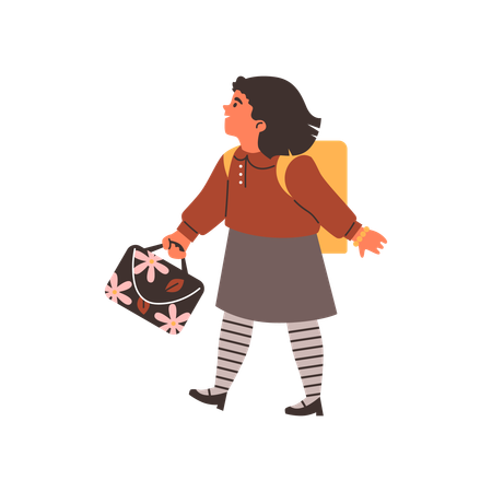 Happy walking little girl with backpack and bag  Illustration