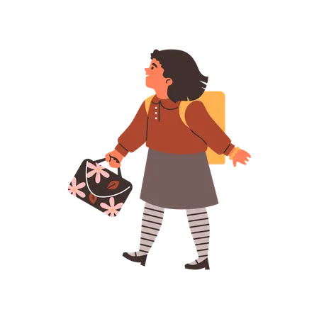 Happy walking little girl with backpack and bag  Illustration