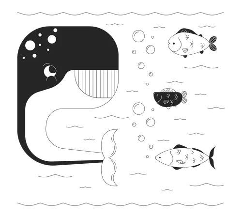 Happy Whale With Fishes Underwater Black And White 2 D Line Cartoon Characters Deep Ocean Creatures Isolated Vector Outline Personages Researching Marine Life Monochromatic Flat Spot Illustration Illustration