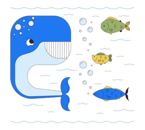 Happy Whale With Fishes Underwater 2 D Linear Cartoon Characters Deep Ocean Creatures Isolated Line Vector Personages White Background Researching Marine Life Color Flat Spot Illustration Illustration