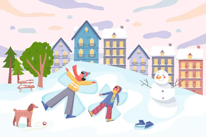 Happy Winter And Family Activity At Cityscape Background Mother And Daughter Make Snow Angels In City Park Scenery With Snowman Trees And Snowy Buildings Vector Illustration In Flat Cartoon Design Illustration
