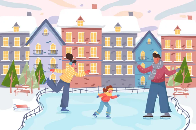 Happy Winter And Family Activity At Cityscape Background Mother Father And Daughter Skating On Rink In City Park Scenery With Trees And Snowy Buildings Vector Illustration In Flat Cartoon Design Illustration