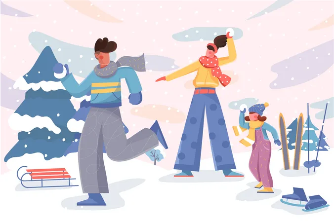 Happy Winter Family Activity Banner Dad Mom And Daughter Playing Snowballs In City Park Background Seasonal Entertainment Poster Vector Illustration For Backdrop Or Placard In Flat Cartoon Design Illustration