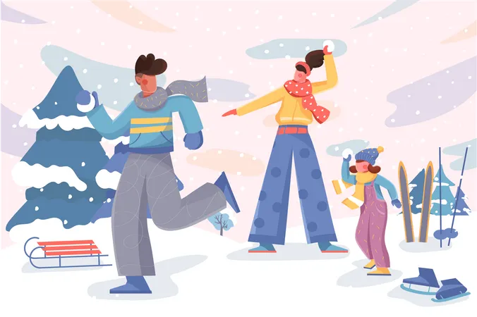 Happy winter family activity  Illustration