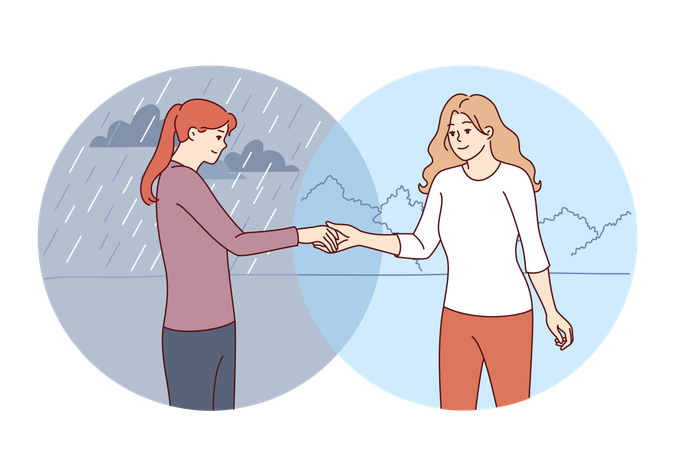 Happy woman and girl suffering from mental disorder stand under sunny and rainy sky  Illustration