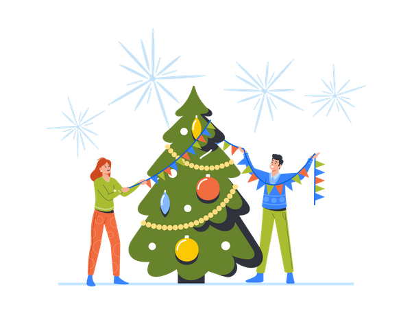 Happy Woman And Man Decorate Xmas Tree Together  Illustration