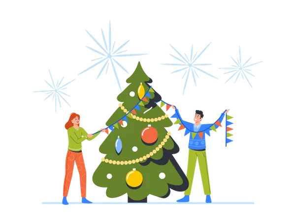 Happy Woman And Man Decorate Xmas Tree Together  Illustration