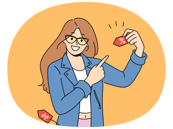 Happy woman announces discounts for shopping  Illustration