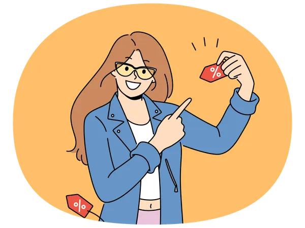Happy woman announces discounts for shopping  Illustration