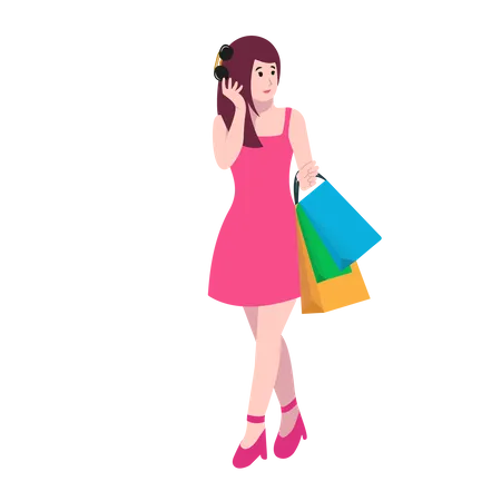 Happy Woman Carrying Shopping Bags  Illustration