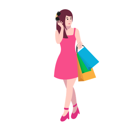 Happy Woman Carrying Shopping Bags  Illustration