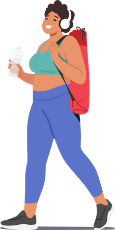 Happy woman carrying yoga mat  Illustration