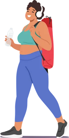 Happy Plump Woman Carrying Yoga Mat As She Walks Towards A Gym Female Character Promote Fitness And Healthy Lifestyle Gym Membership Or Workout Clothing Cartoon People Vector Illustration Illustration