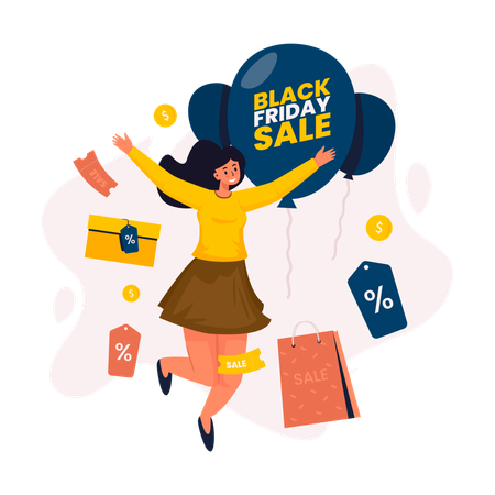 Happy woman celebrating black friday sale  Illustration