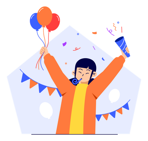 Happy Woman Celebrating Event With Balloon And Confetti  Illustration