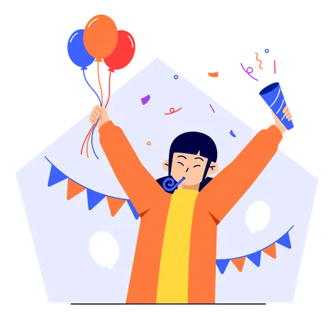 Happy Woman Celebrating Event With Balloon And Confetti  Illustration