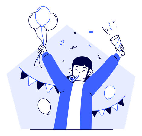 Happy Woman Celebrating Event With Balloon And Confetti  Illustration