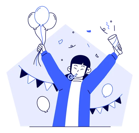 Happy Woman Celebrating Event With Balloon And Confetti  Illustration