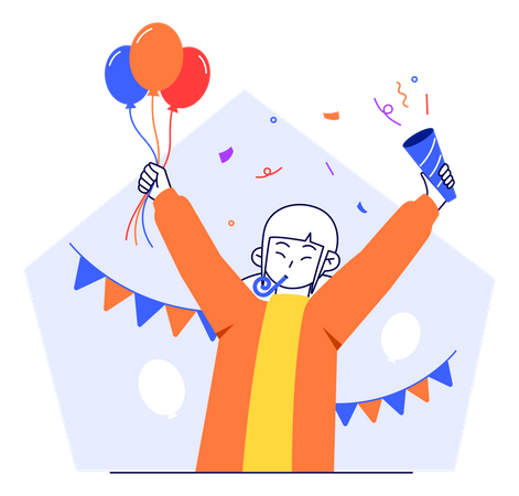 Happy Woman Celebrating Event With Balloon And Convention  Illustration