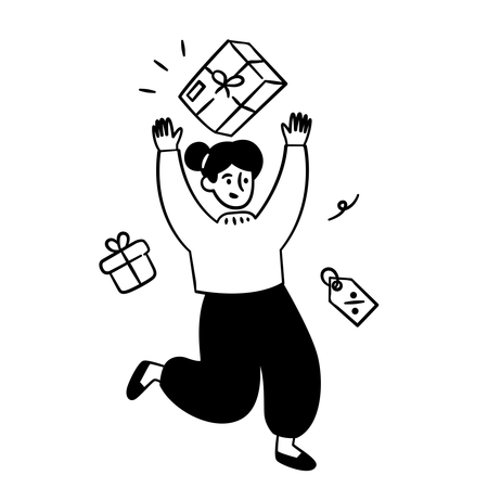 Happy Woman Celebrating with Gift Boxes and Discounts  Illustration