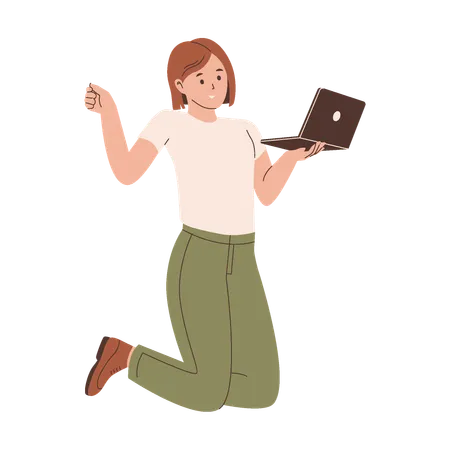 Happy Woman Celebrating with Laptop  Illustration