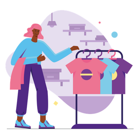 Happy woman chooses clothes in modern showroom  Illustration