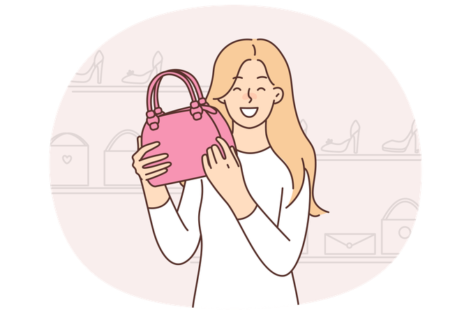 Happy woman chooses handbag standing in fashion store shopping in mall boutiques  Illustration