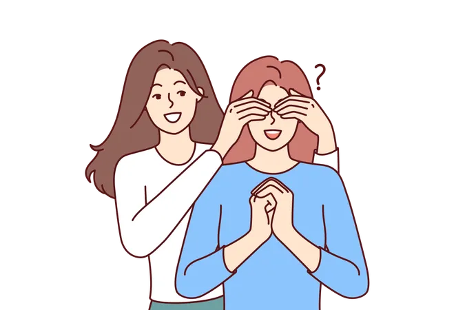 Happy Woman Closes Sisters Eyes Coming Up From Behind And Making Surprise Asking Riddle Who It Is Young Female Friends Doing Surprise When Meeting And Getting Pleasant Emotions From Communication イラスト