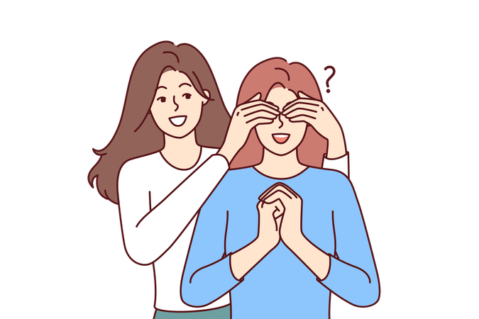 Happy woman closes sisters eyes  Illustration