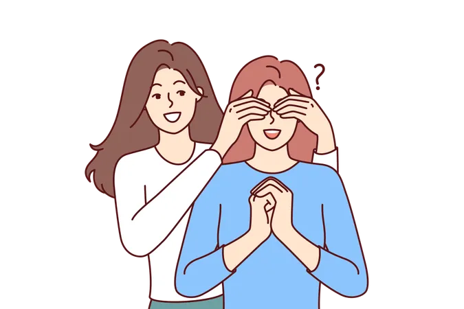 Happy woman closes sisters eyes  Illustration