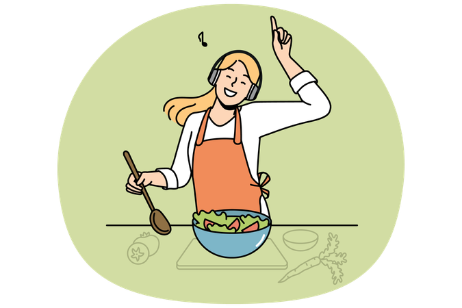 Happy woman cooking and listening to music  Illustration