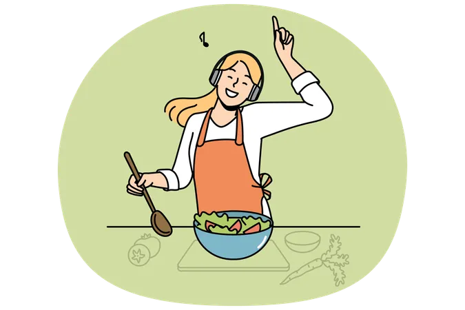 Happy woman cooking and listening to music  Illustration