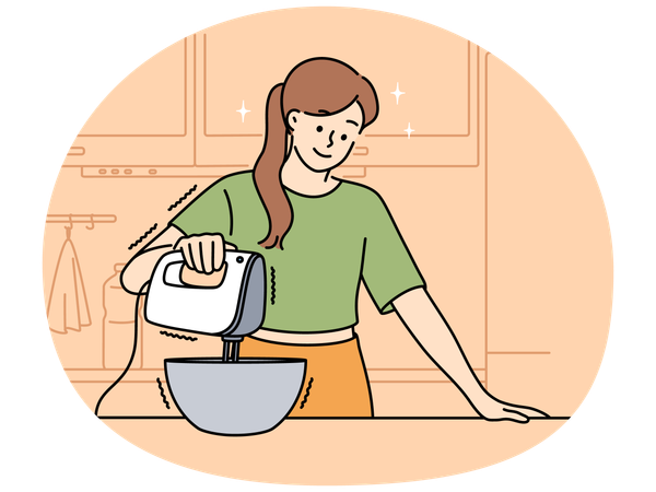 自宅でミキサーを使って料理をする幸せな女性  イラスト