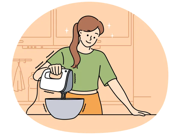 自宅でミキサーを使って料理をする幸せな女性  イラスト