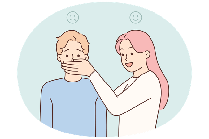 Happy woman cover mouth of upset man  Illustration