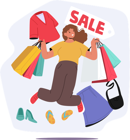 Happy woman crazy shopaholic jumping with lots of shopping bags enjoying sales  Illustration